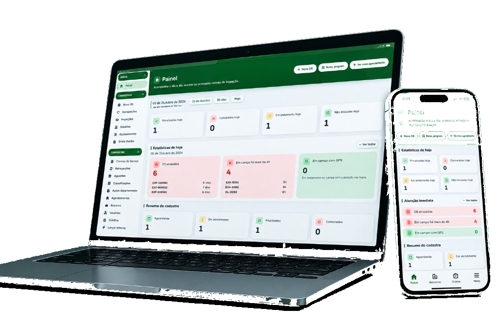 Painel web e aplicativo MeuAppInspeção em notebook e celular