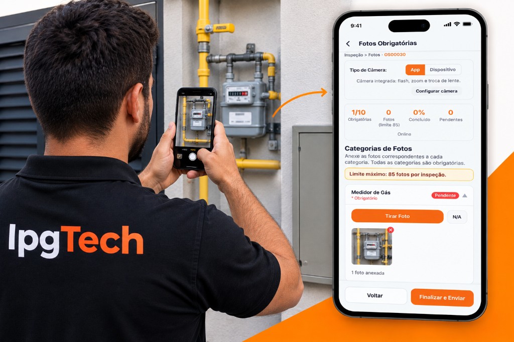 Inspetor IPGTech fotografando o medidor de gás e a tela Fotos Obrigatórias do aplicativo